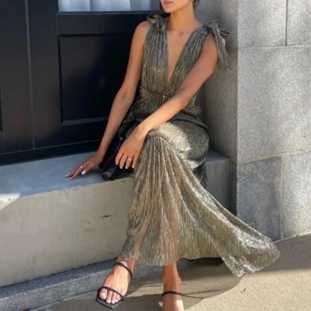 Sabina Musayev Metallic Olive Green Pleated Maxi Dress